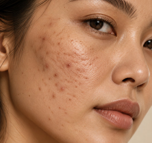 Close-up of acne and scarring on the cheek