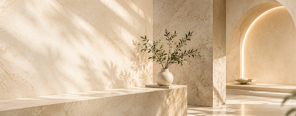 Marble interior detail with arched niche and plants